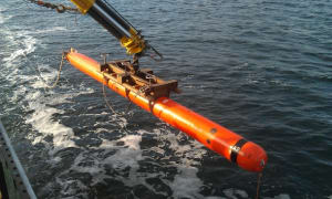 The autonomous underwater mobile targets are torpedo size and simulate the radiated noise and target echo strength of a submarine. [Photo:QinetiQ]